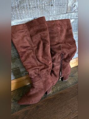 Brown Suede Knee-High Heeled Boots